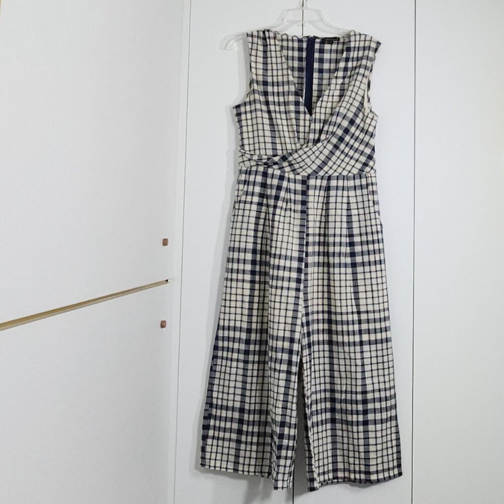 Wishlist Apparel Jumpsuit Womens Size L Blue/White Gingham Wide Legs 100% Cotton